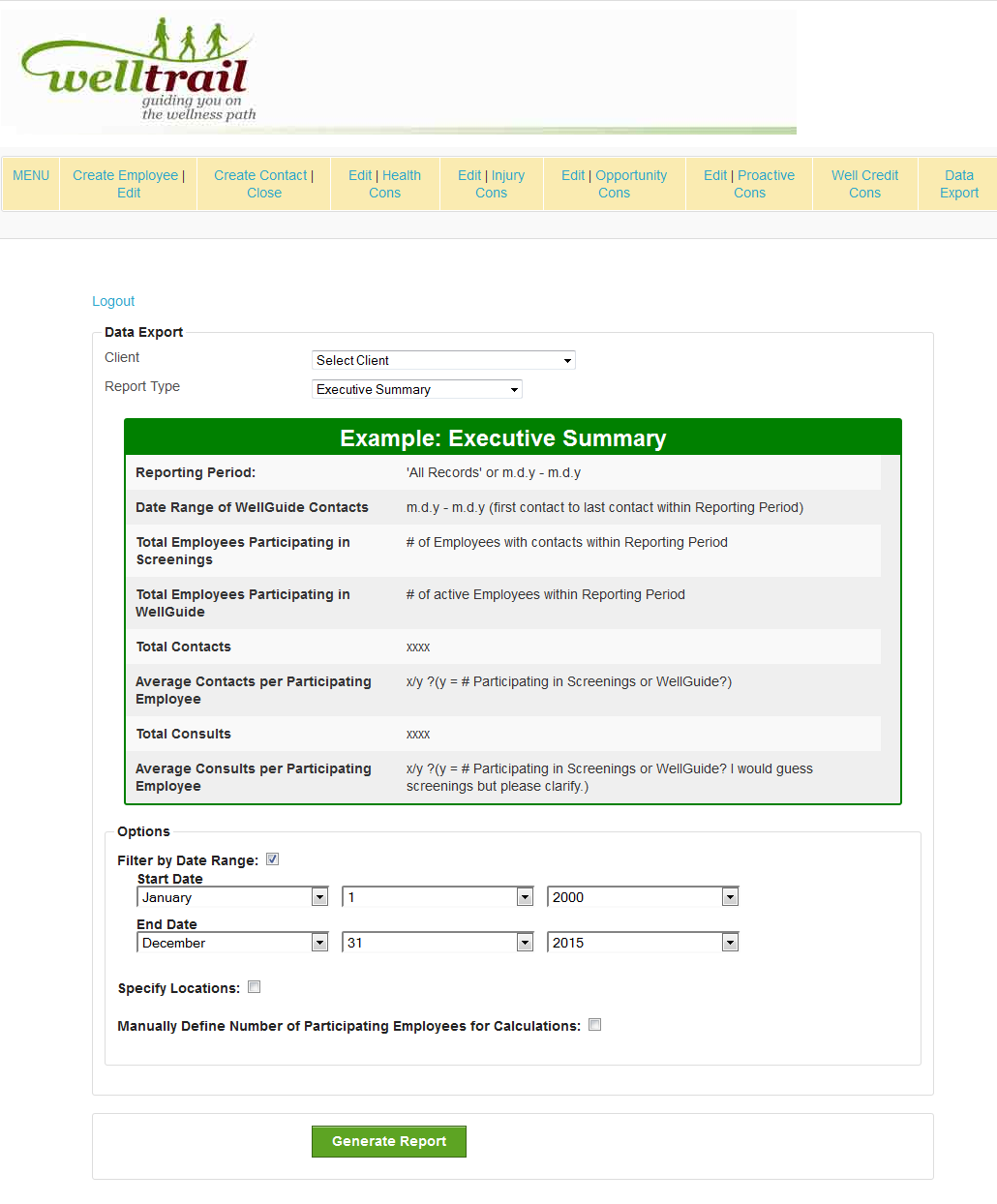 Data Export Page